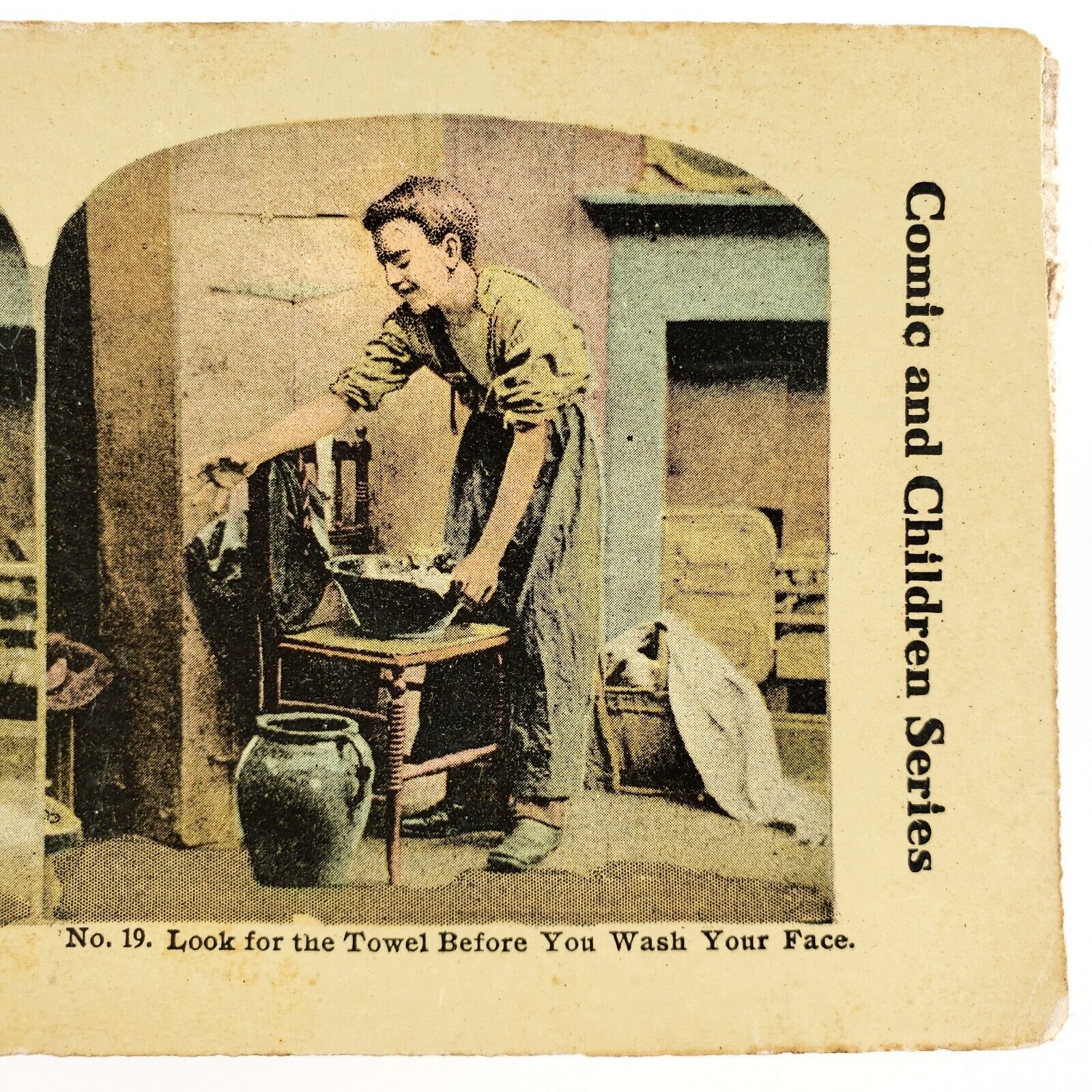 Boy Searching for Towel Stereoview c1915 Washing Up Home Life Antique Card H1320