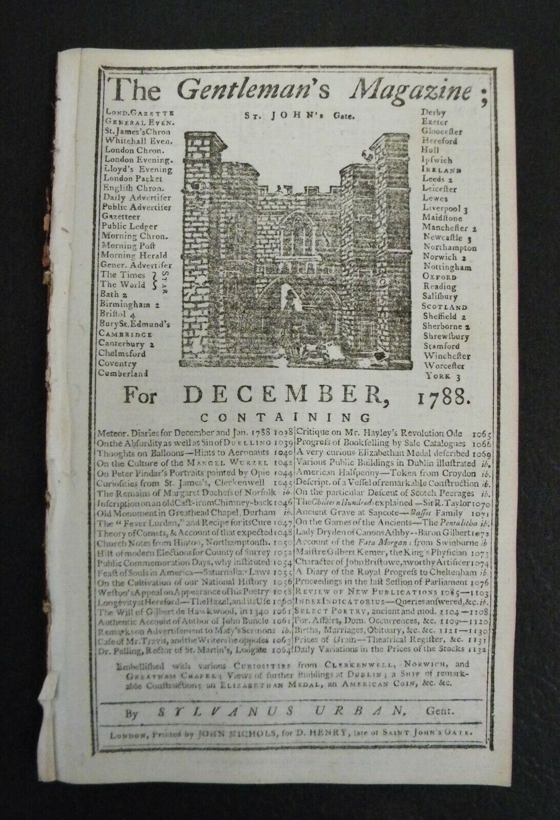 1788 Gentleman's Magazine (Dec)~ Nova Constellatio Coin Illustration; Ballooning