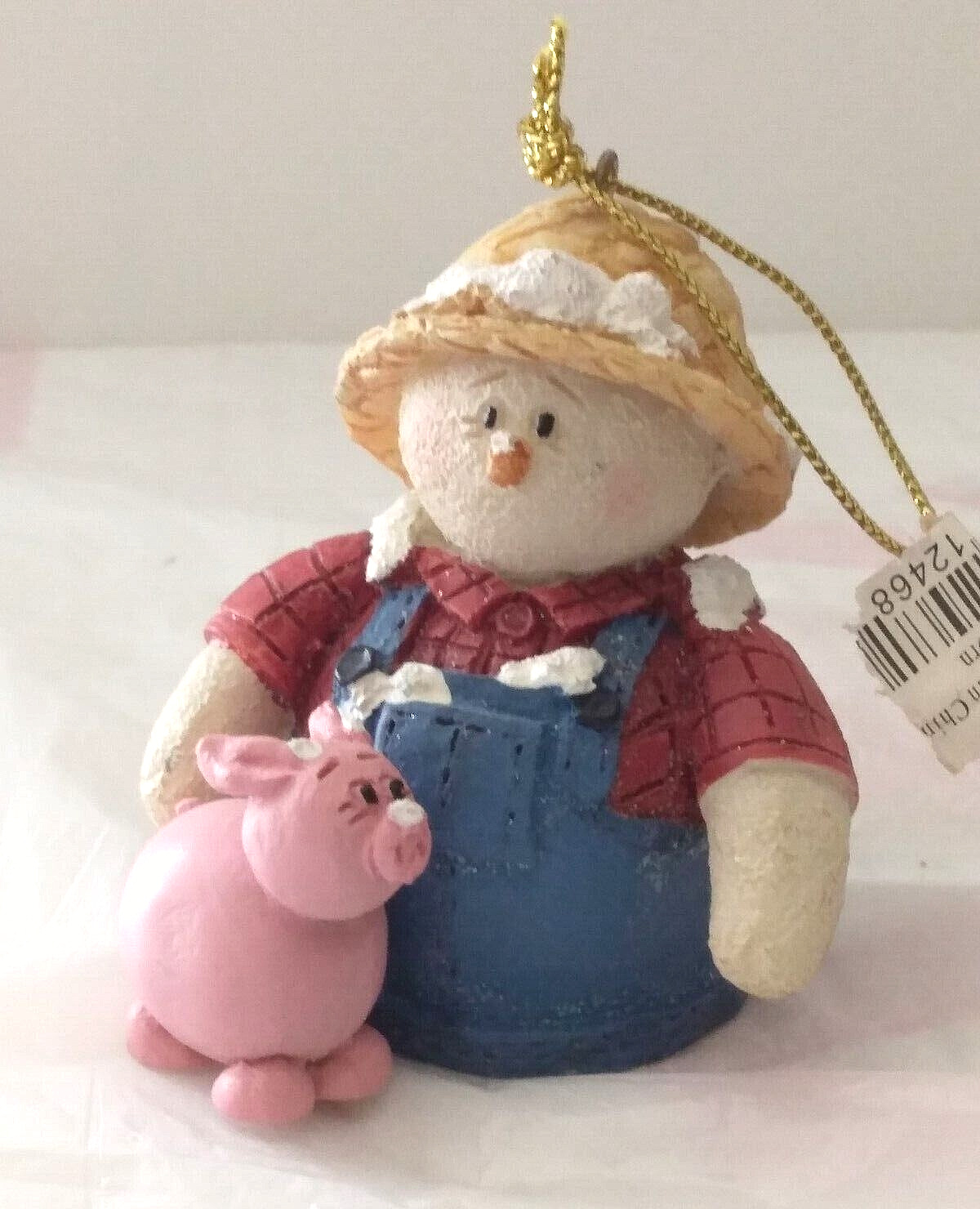 Pig Farmer Ornament Snowman in Overalls Snowberry Collection with Tag Holiday