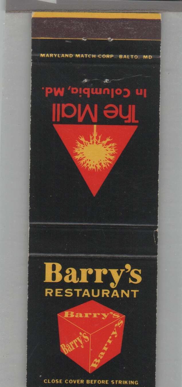 Matchbook Cover - Pizza Place - Barry\'s Restaurant Columbia, MD