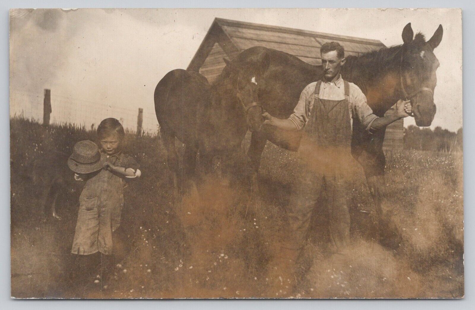 Real Photo Postcard Father And Son With Horses On Ranch Vintage RPPC Unposted