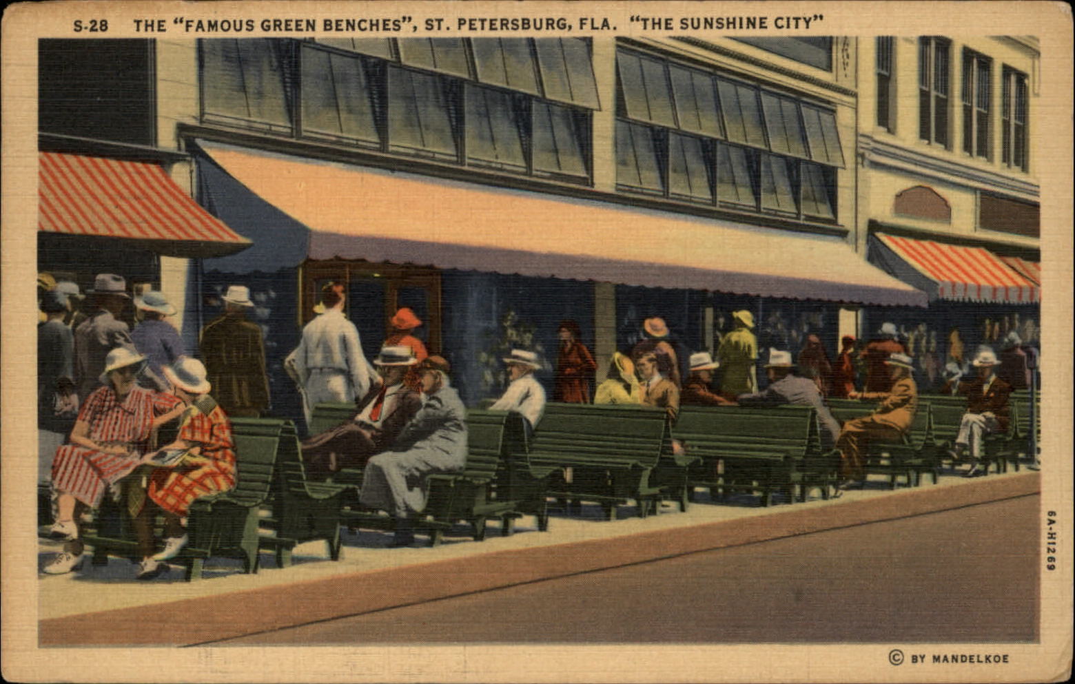 St Petersburg Florida Green Benches 1920s fashions mailed 1933 linen postcard