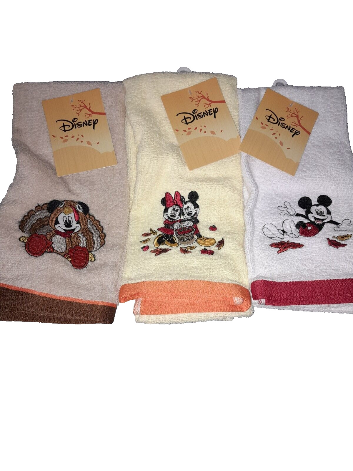 3 NEW Disney Mickey Minnie Mouse Fall Harvest Autumn Leaves Turkey Hand Towels