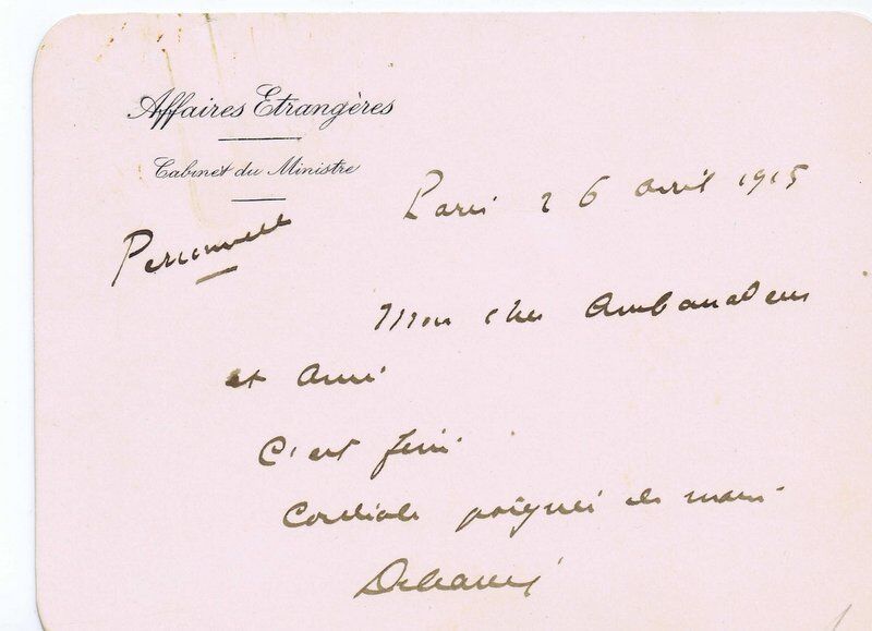 Theophile Delcasse Signed 1915 Handwritten Note JSA LOA French Foreign Minister