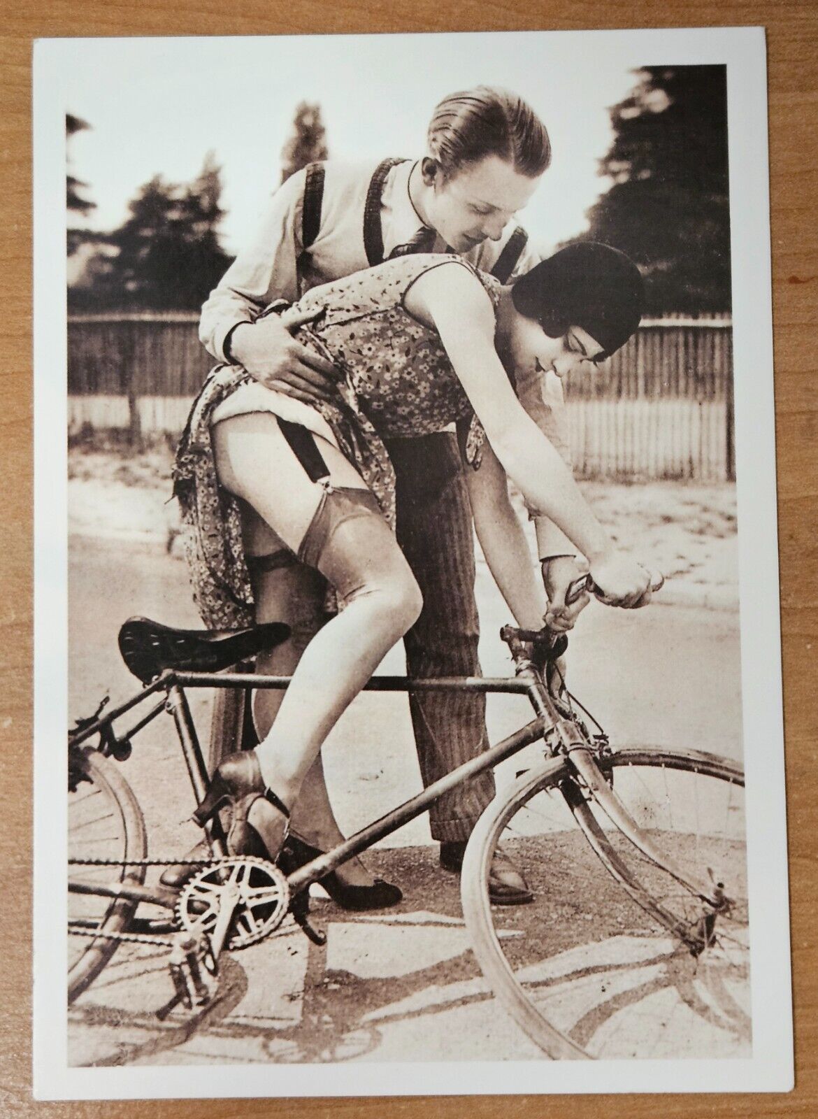 Vintage French Gilles Postcard Paris 1920\'s Style Man Helping Woman on Bicycle