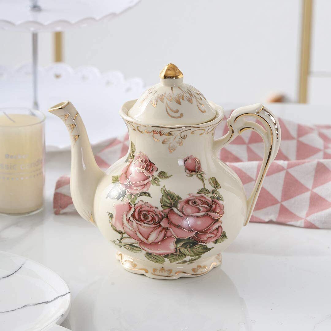 Tea Pot Ceramic Pink Rose Ivory Vintage Floral with Gold Leaves Edge Cute 29 OZ