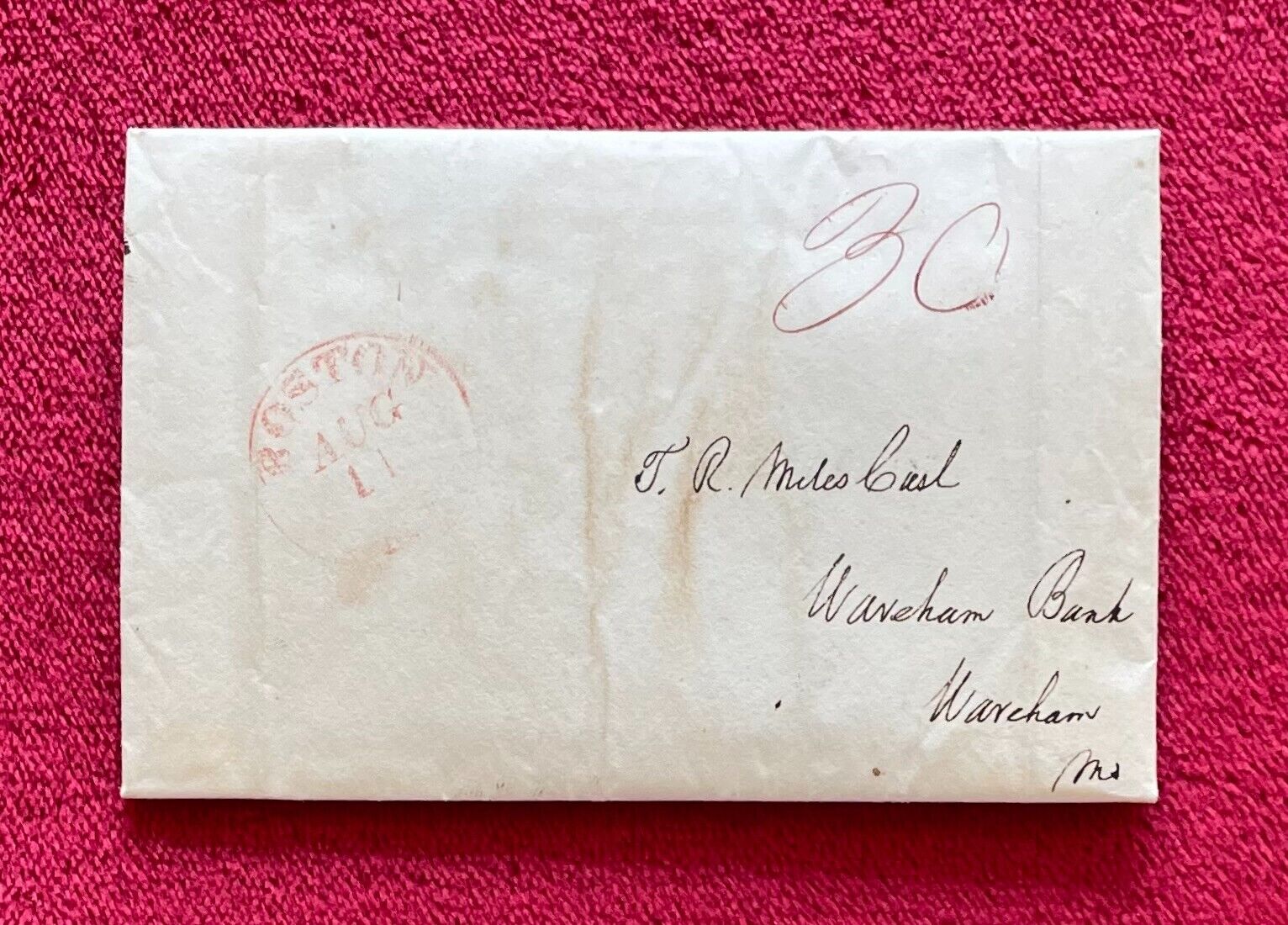 1834 STAMPLESS COVER/LETTER BOSTON - TO WAREHAM BANK, MA FROM SUFFOLK BANK