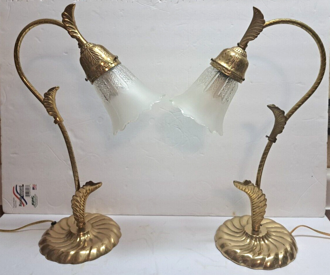Vintage Pair Gooseneck Lamps, Victorian Style, Gold W/Leaves, MCM