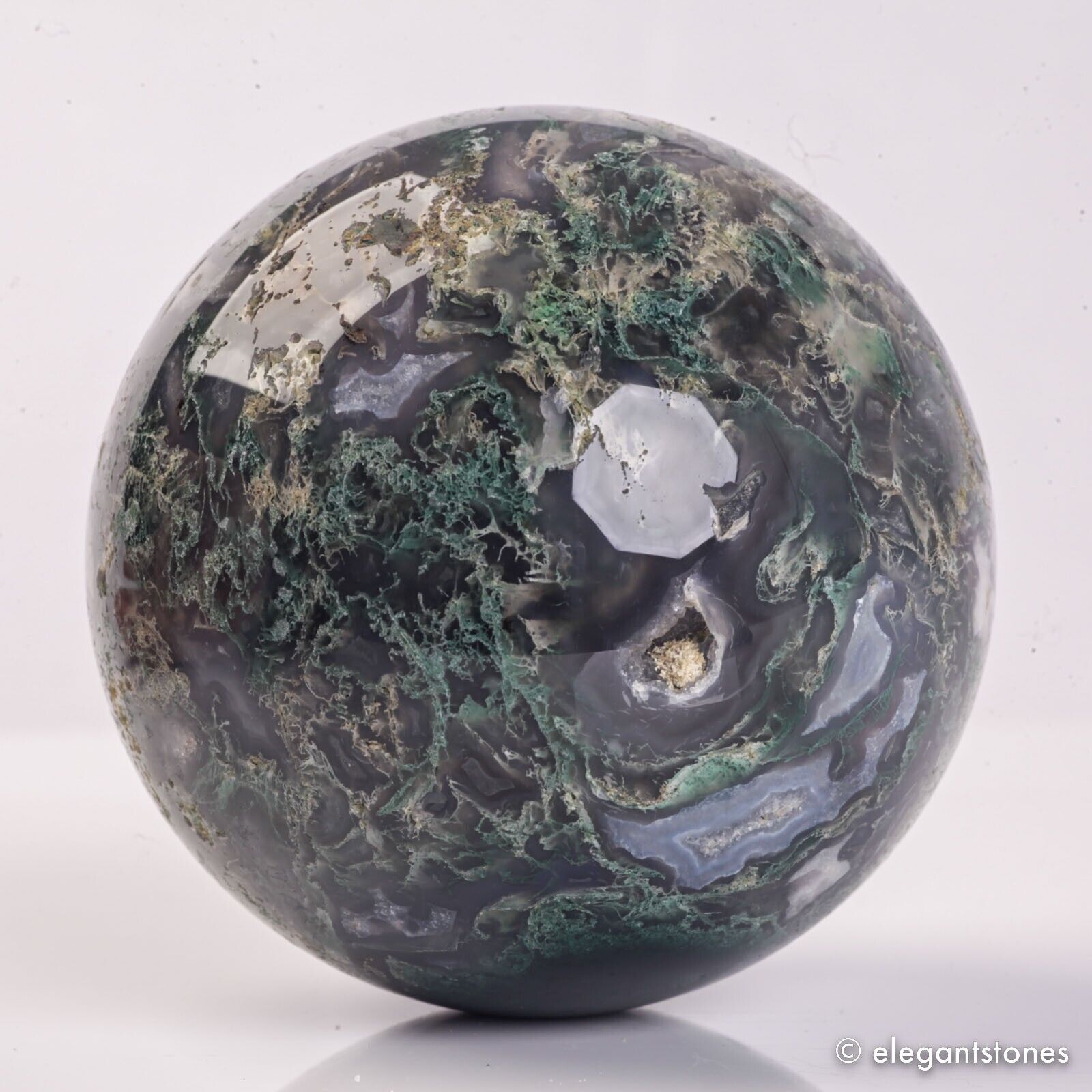 733g 82mm Natural Green Moss Agate Crystal Geode Sphere Quartz Healing Ball