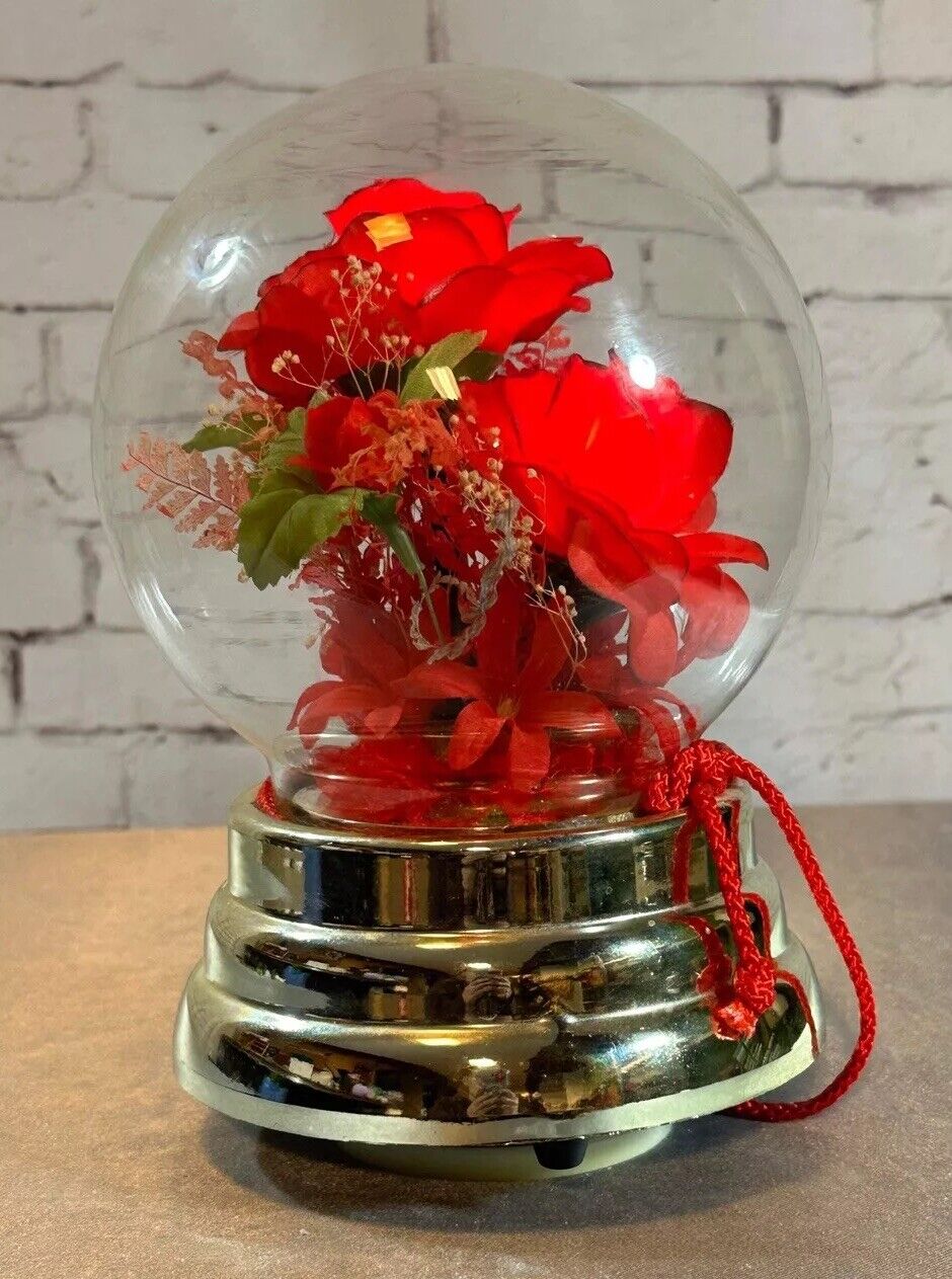 Vintage 1070s Illuminated Red Roses Glass Globe Windup Music Spins VHD QCC