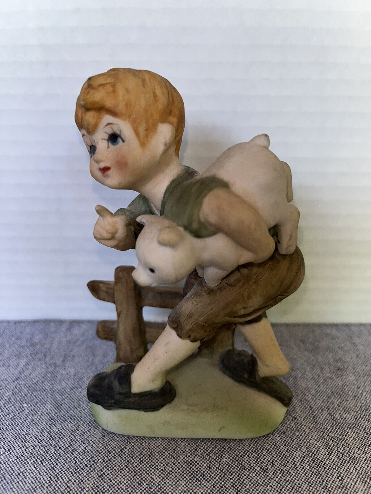 Lefton Vintage Boy Carrying Pig By Lefton Bone China # KW5306 Hand Painted