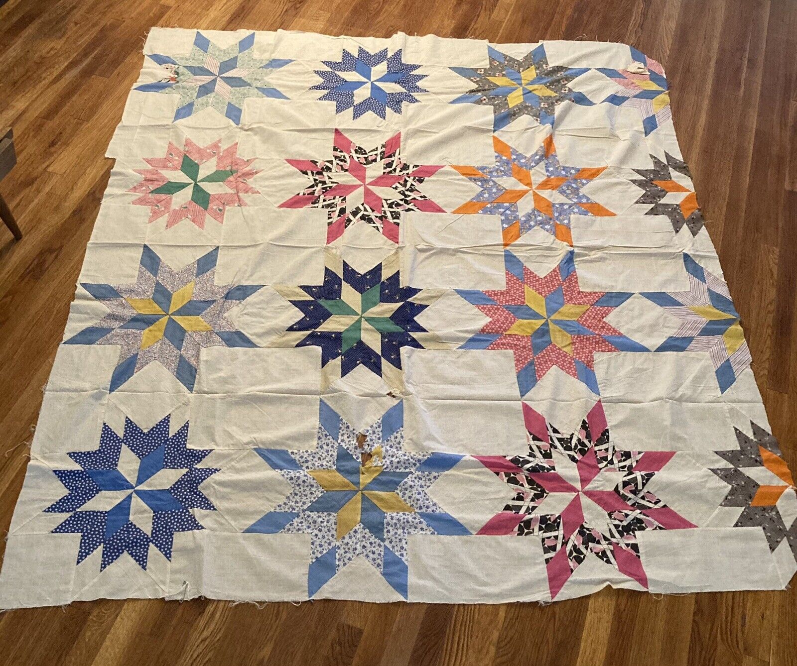 Vintage Star Quilt Top -- Unbleached Linen and Mid-century Prints -- Lovely