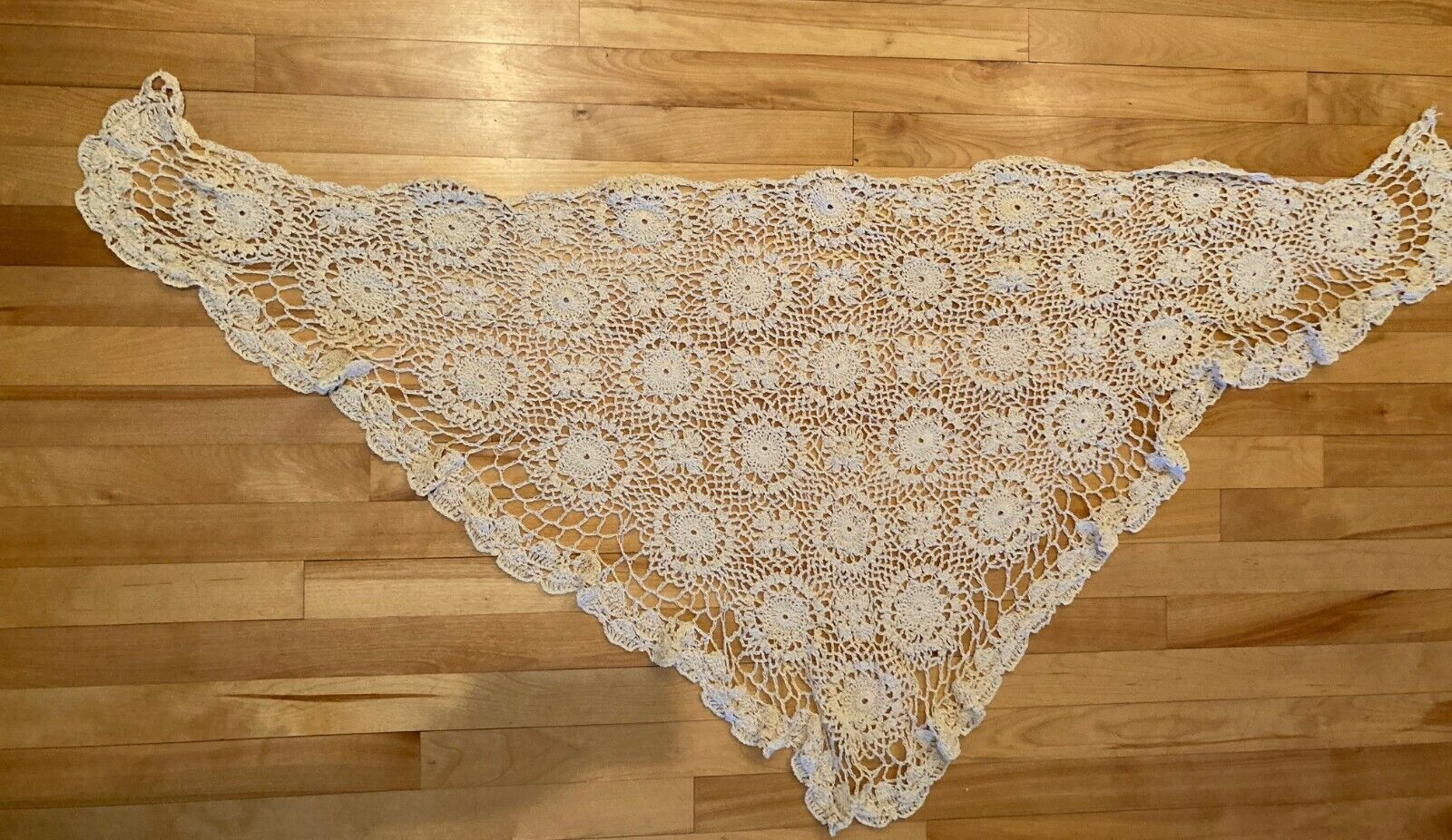 Vintage Handmade? Light Yellow Crocheted Dresser Scarf or Shawl~Triangular Shape
