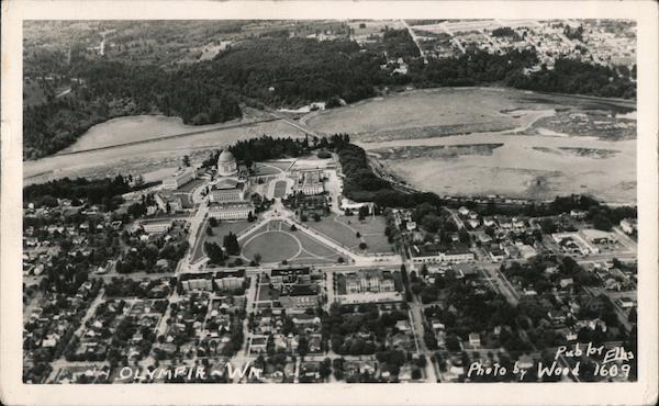 1953 RPPC Olympia,WA Aerial View Thurston County Washington Wood 1609 Postcard