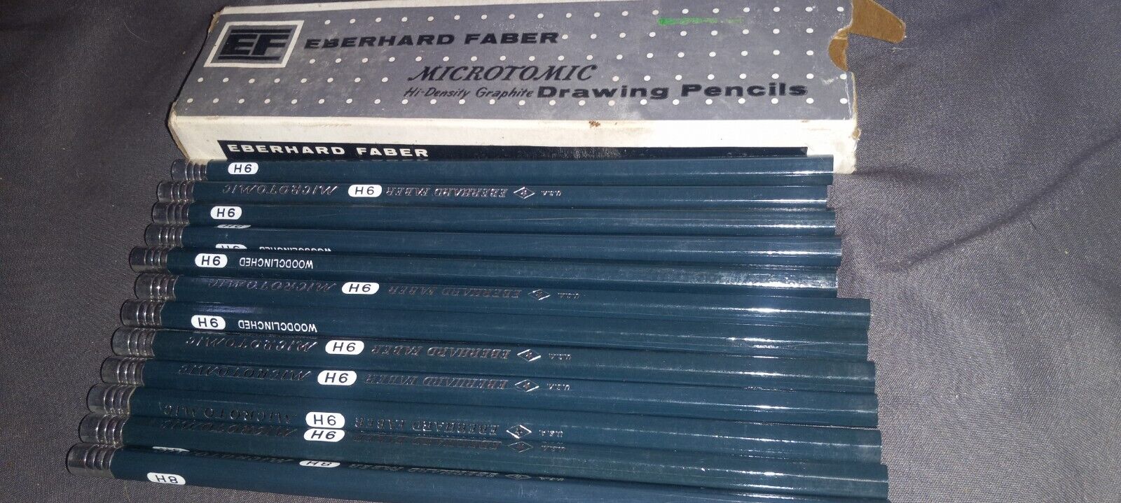 Vintage Eberhard Faber Microtomic 9 H Drawing Pencils Set of 12 with Box