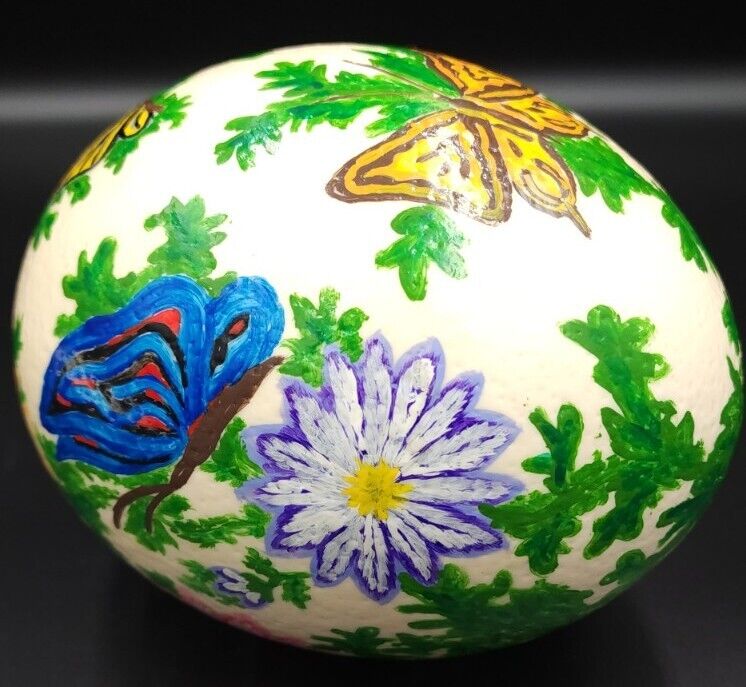 Authentic Vtg Ostrich Egg Hand Painted Florals And Butterflies Signed 6\