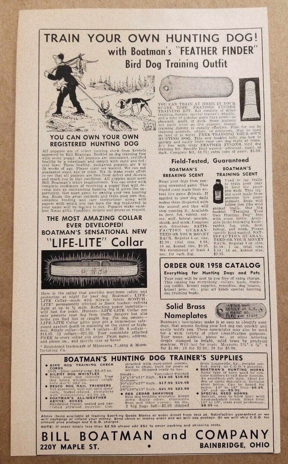 1958 Print Ad Bill Boatman Dog Training Equipment Bainbridge,Ohio