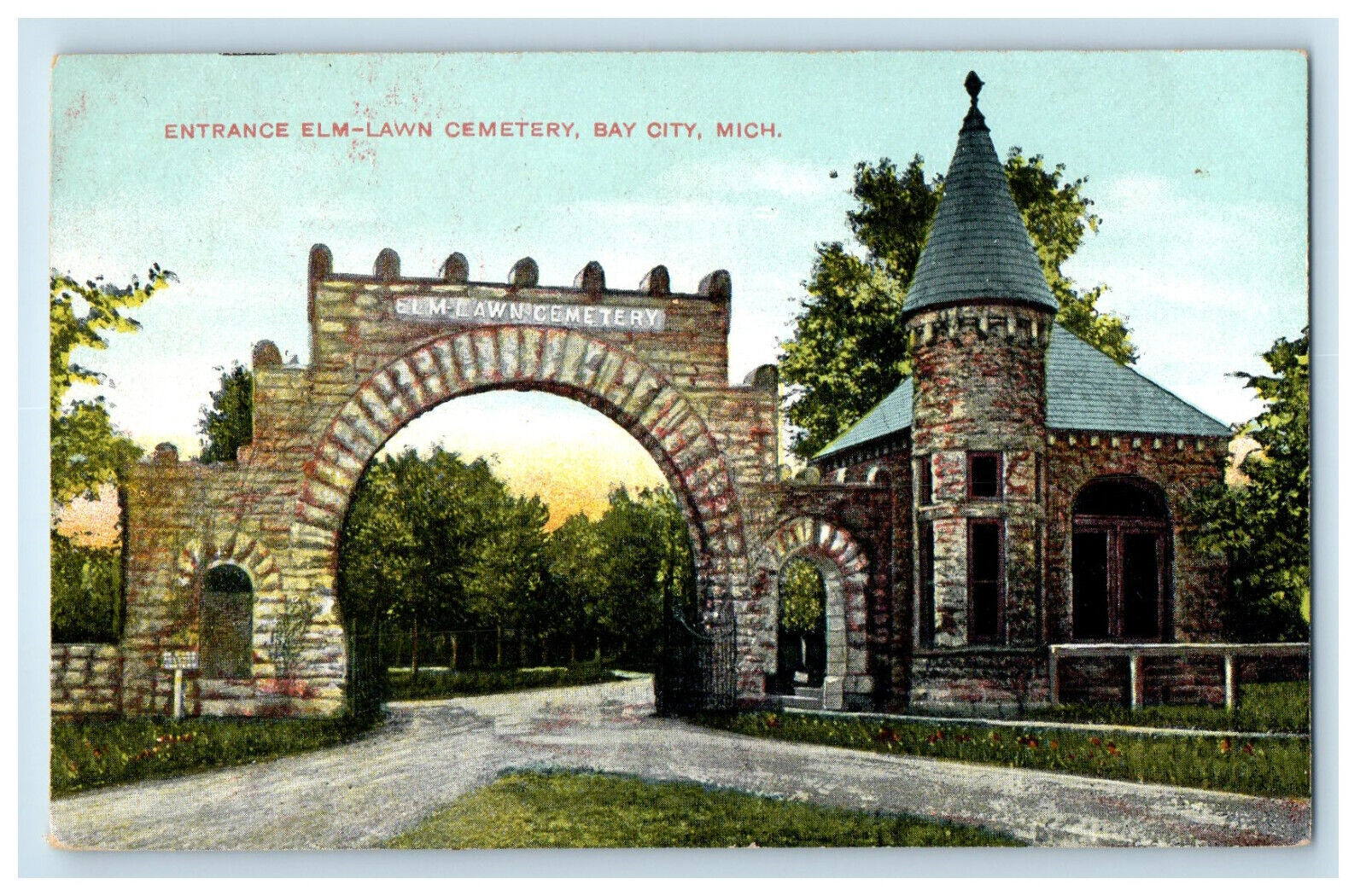 c1910 Entrance Elm-Lawn Cemetery Bay City Michigan MI Antique Postcard