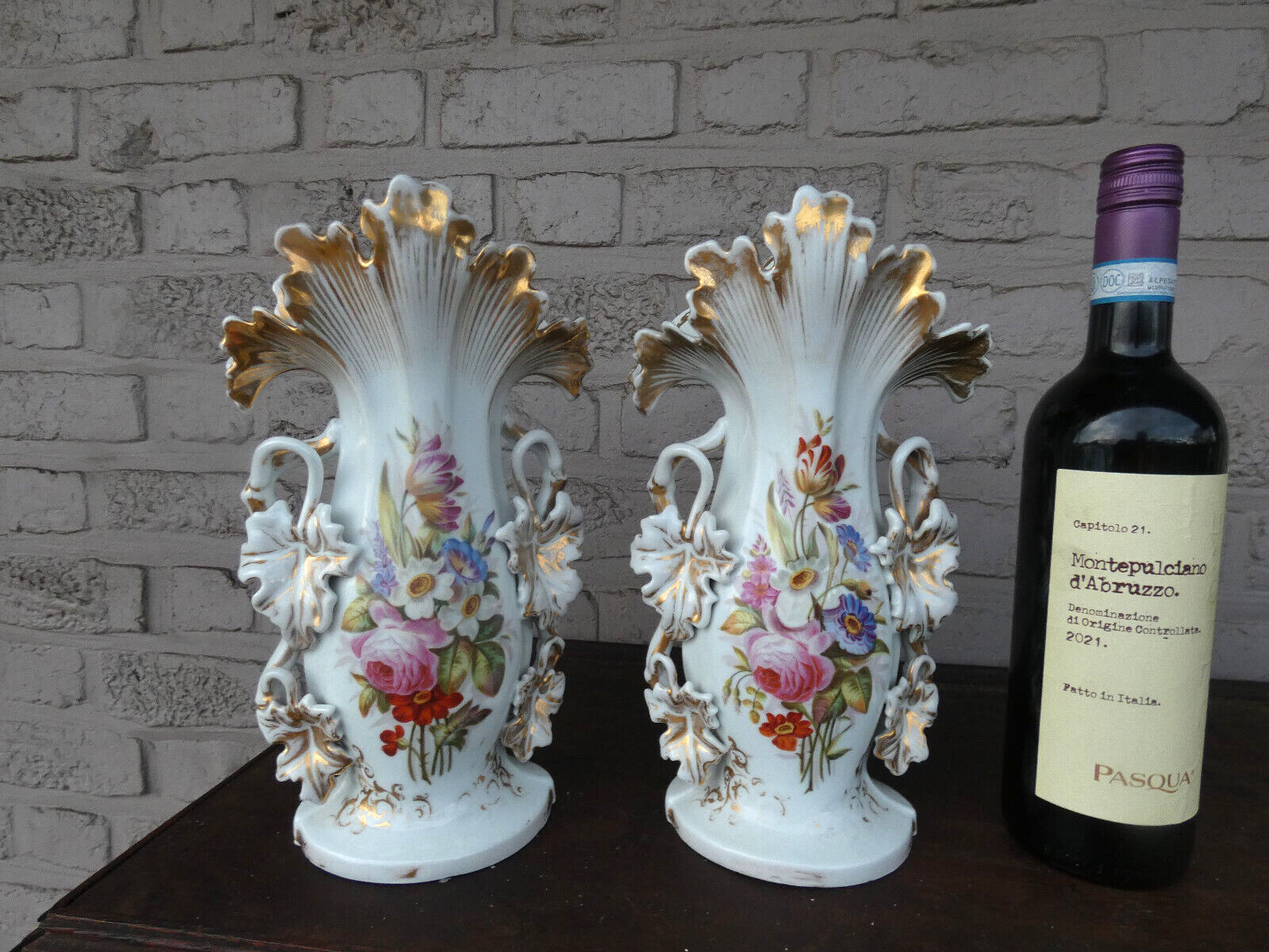 antique pair Vieux paris porcelain floral paint vases