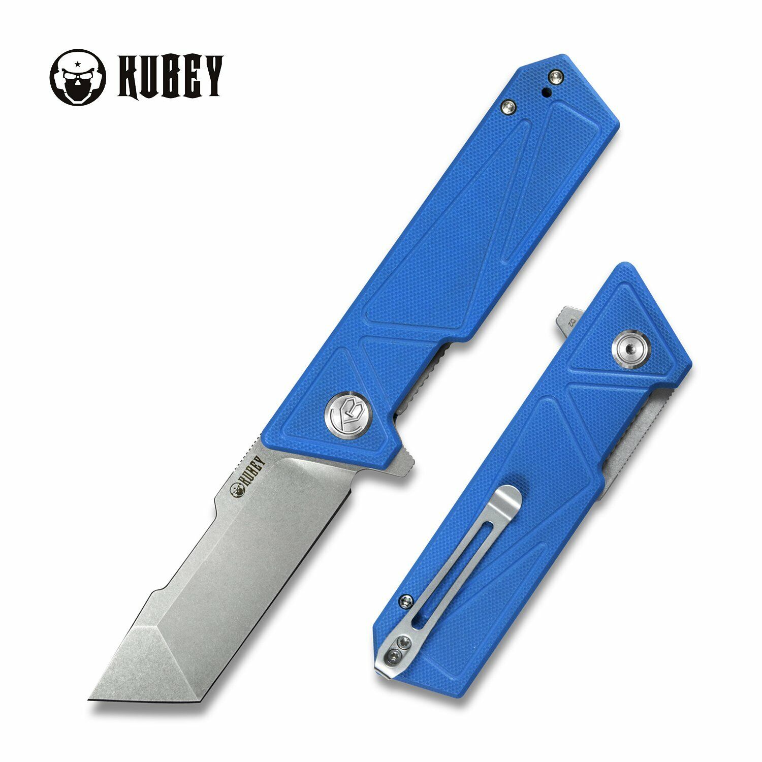 Kubey Avenger EDC Folding Knife Blue G10 Handle D2 Tanto Plain Edge KU104C