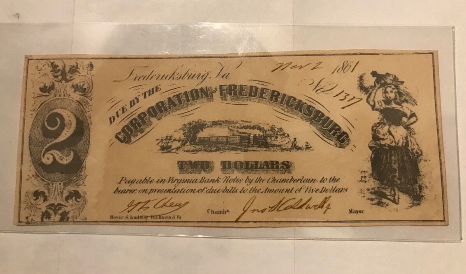 1861 Corporation of Fredericksburg Virginia, $2, XF/ AU , Scarce WW2  item