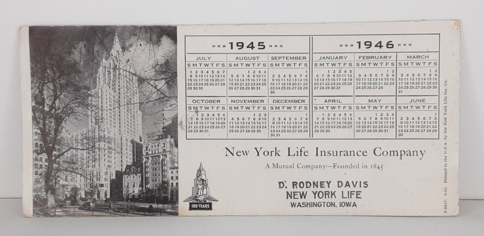 Advertisement Calendar New York Life Insurance Washington Iowa 1945 1946