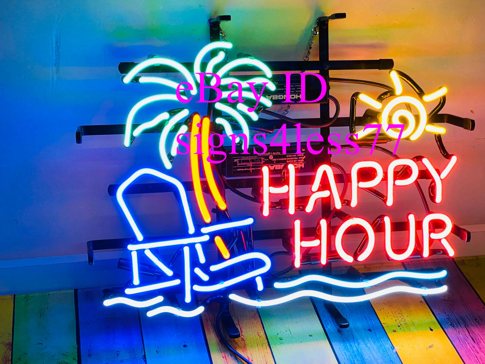 Happy Hour Palm Tree Sun Chair Neon Light Sign Lamp Beer Bar Glass 17\