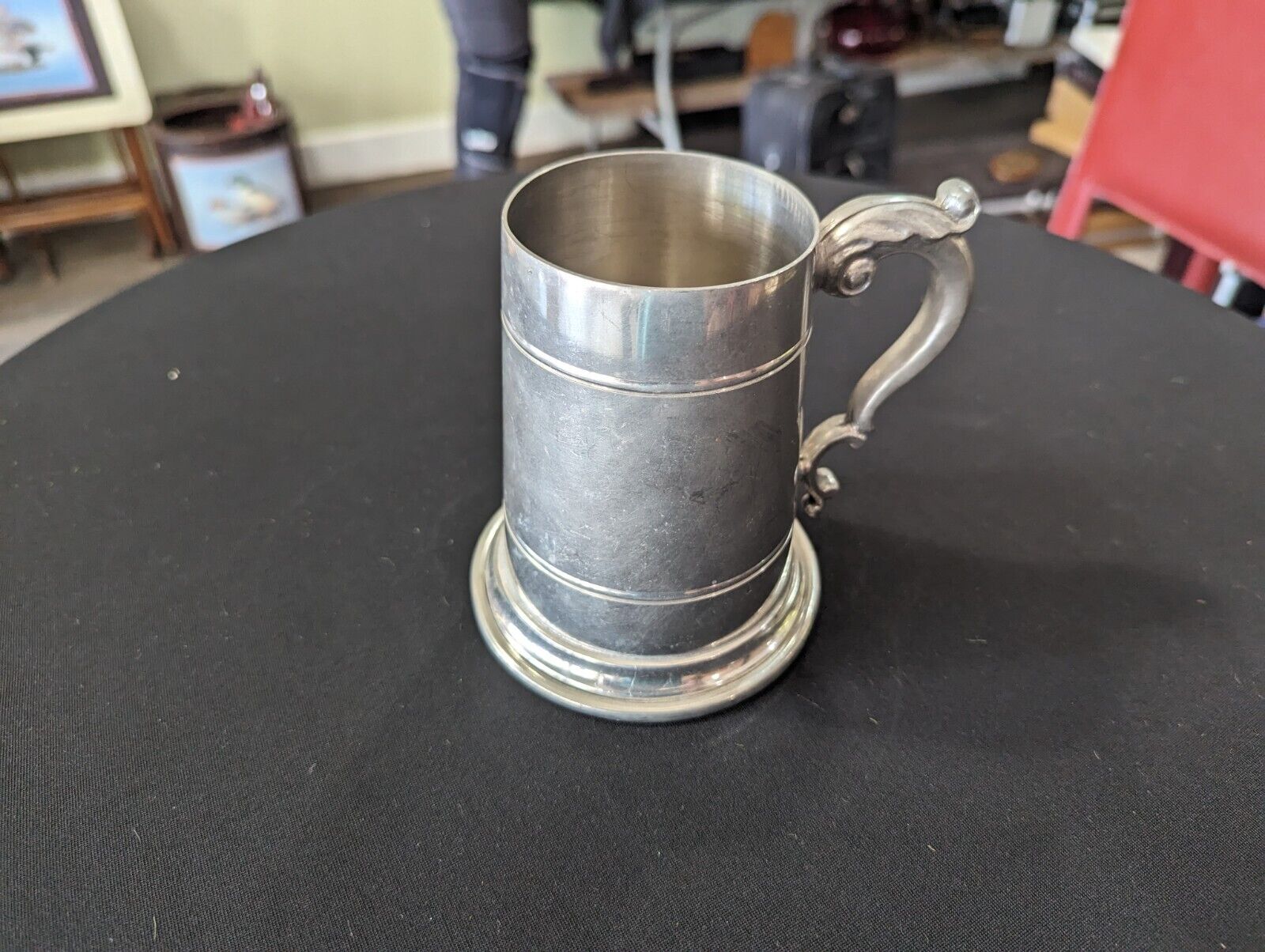 Large Antique Cast Pewter Mug with Intricate Handle