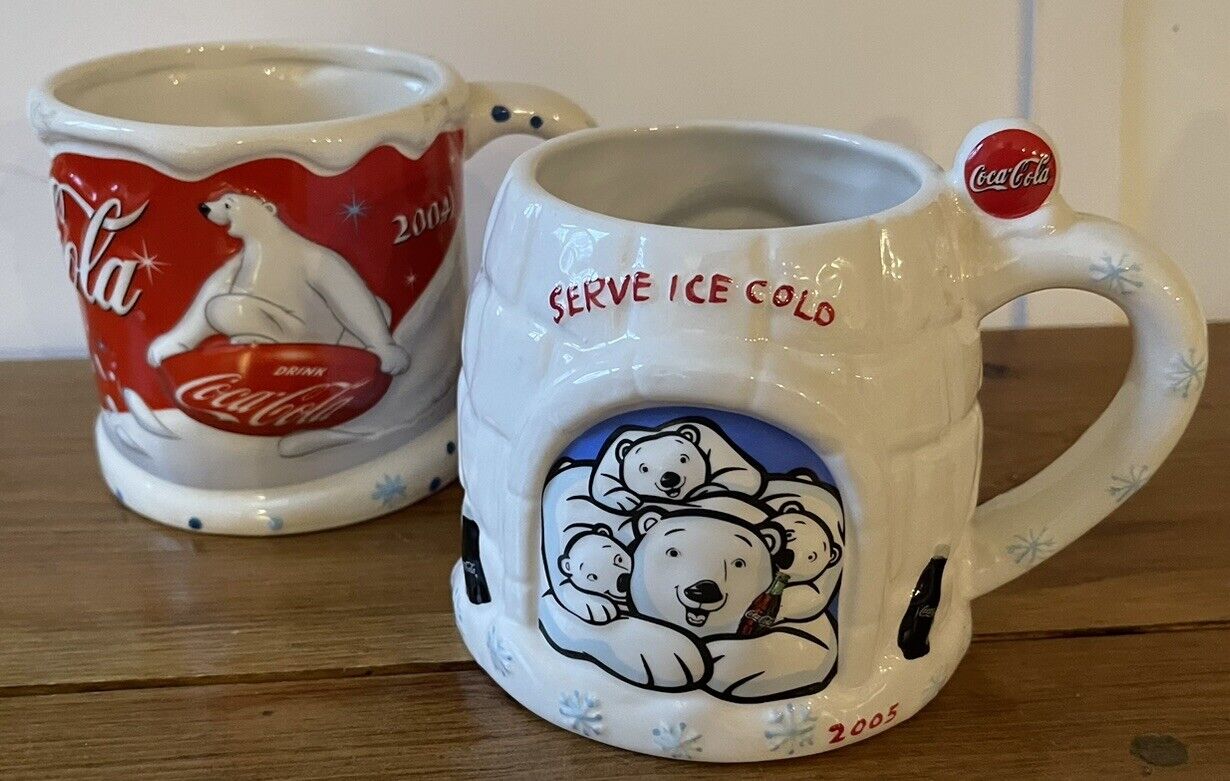 Two Coca Cola Mugs: 2004 & 2005 Igloo Bears & Snowboarding Bear Houston Harvest