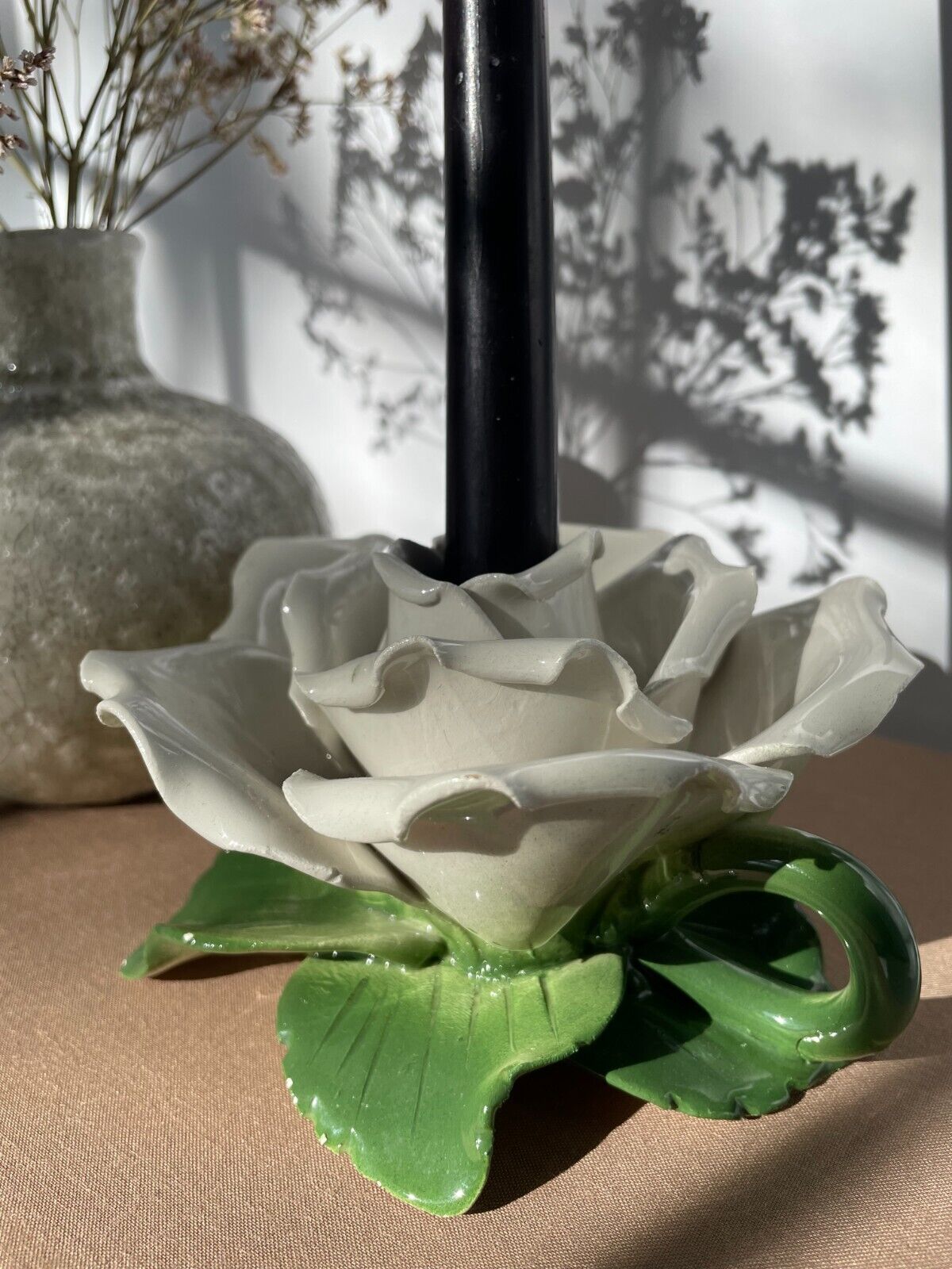 Vintage Lg Capodimonte Porcelain White Rose Flower Italian Candle Holder 6x5x4\