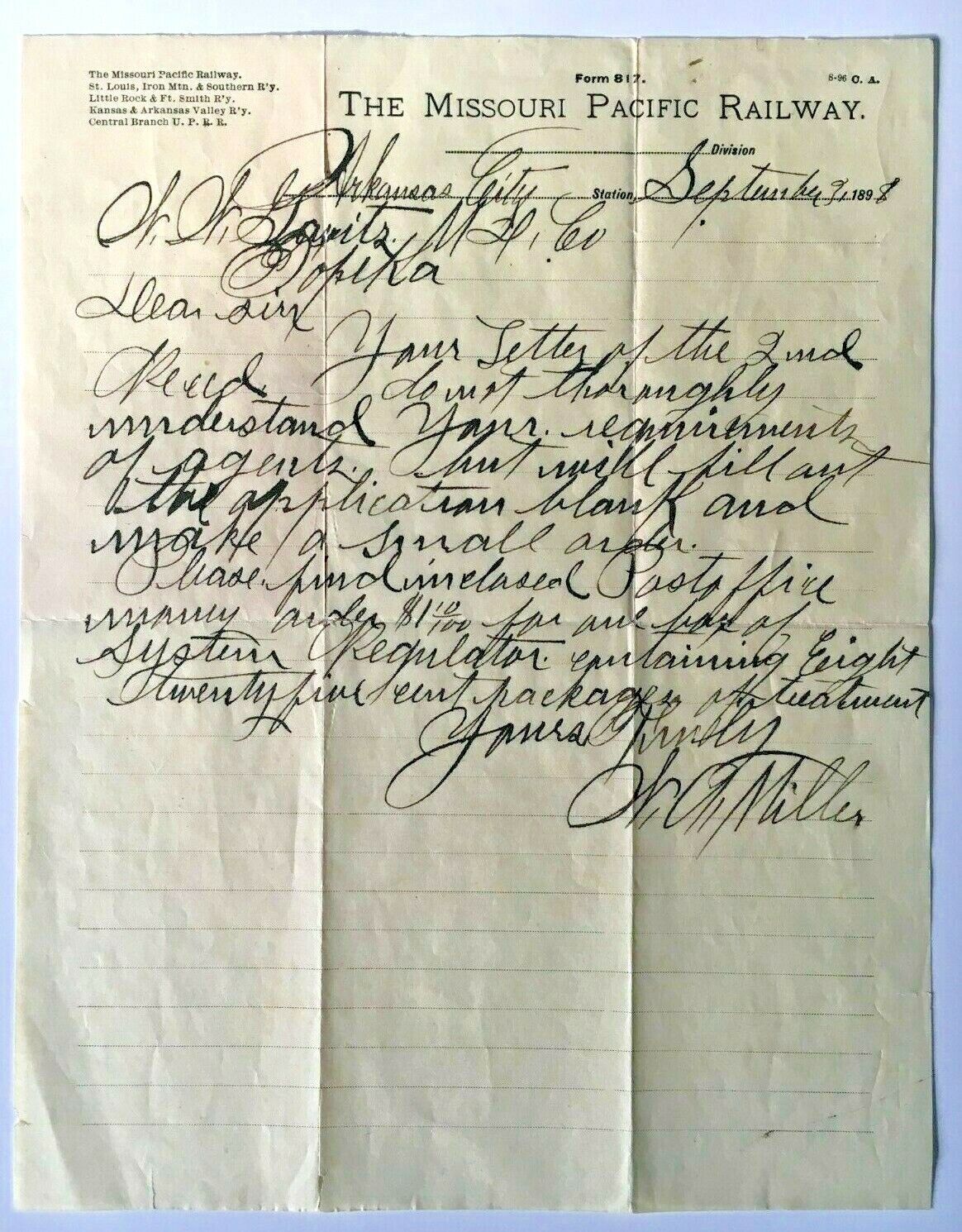 Vintage 1898 Missouri Pacific Railway RR Letterhead Form Document sheet paper