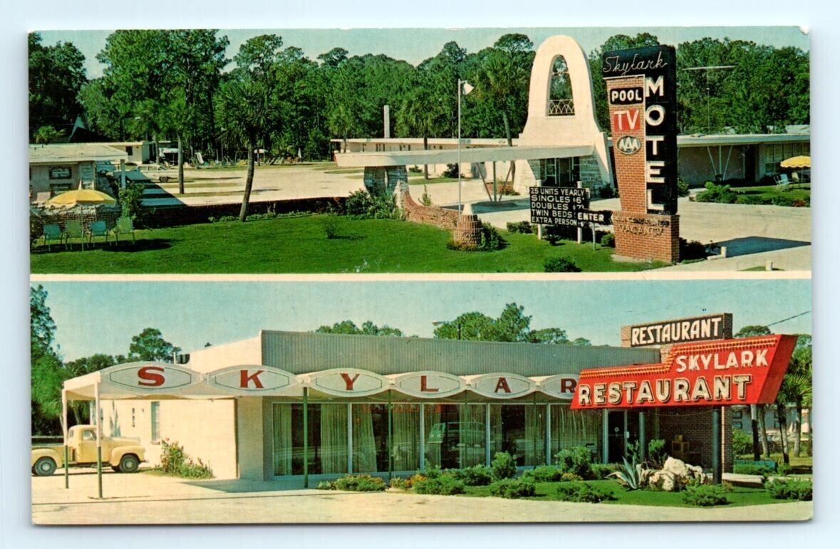1960s FL Postcard Skylark Motel North Perry Florida US 19 27 Restaurant Signage