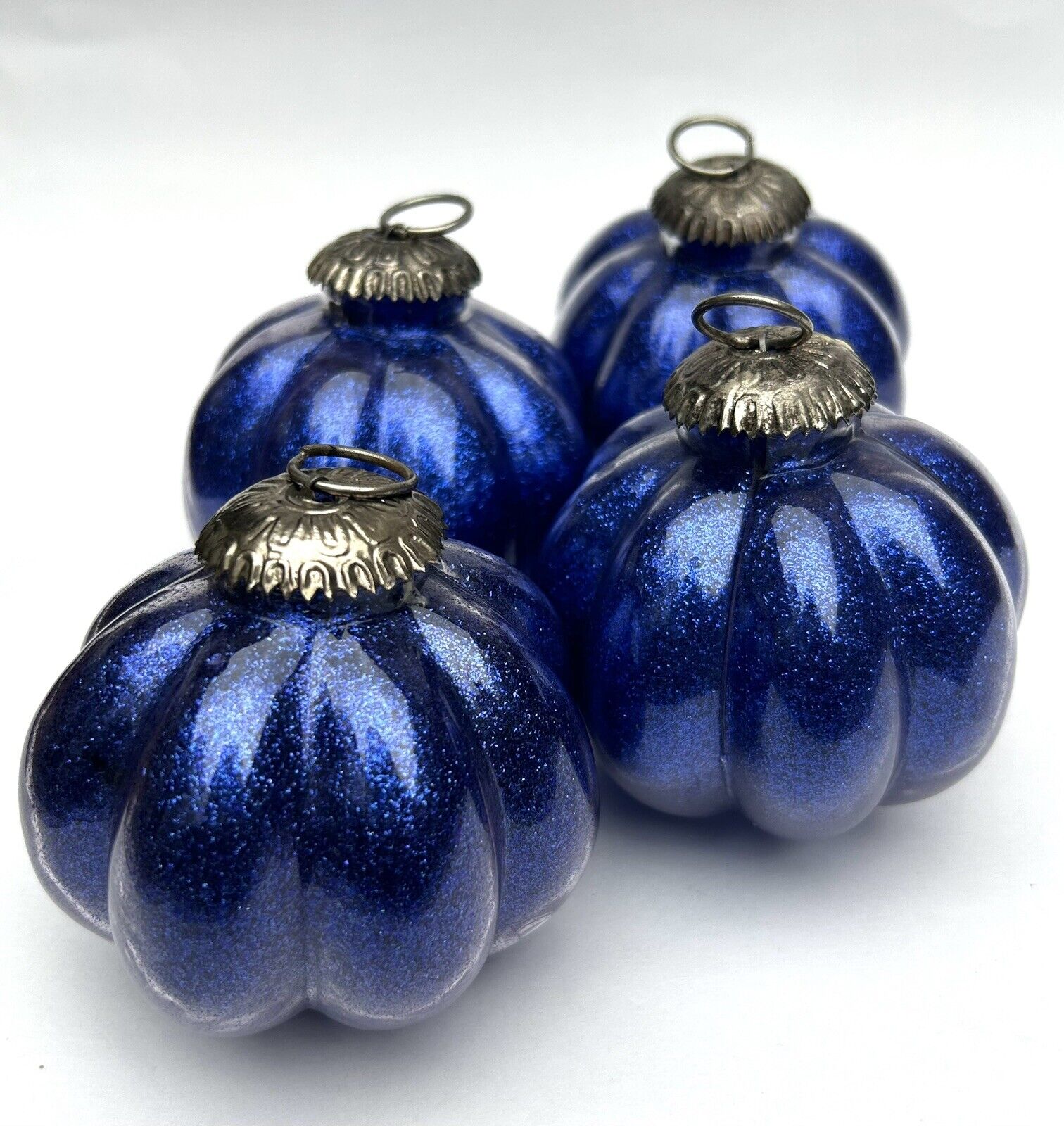 Vintage Large Ribbed Glass Ornaments Cobalt Blue Glitter Brass Cap Kugel Style