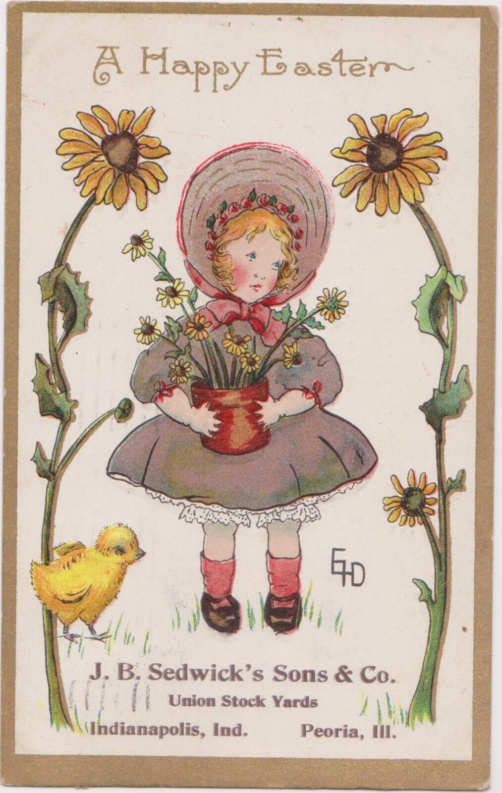 C. 1911 AMP CO Happy Easter Child Daisies Chick Advertisement J B Sedwick's Sons