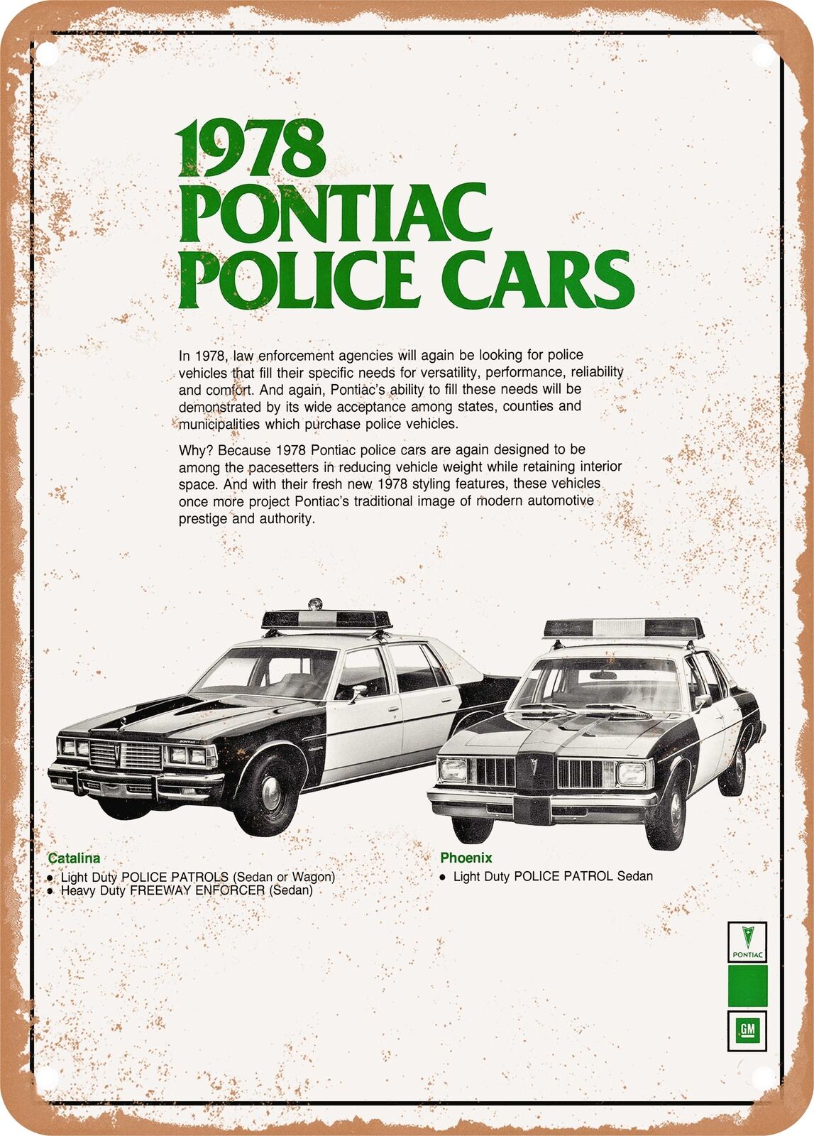 METAL SIGN - 1978 Pontiac Police Cars Vintage Ad