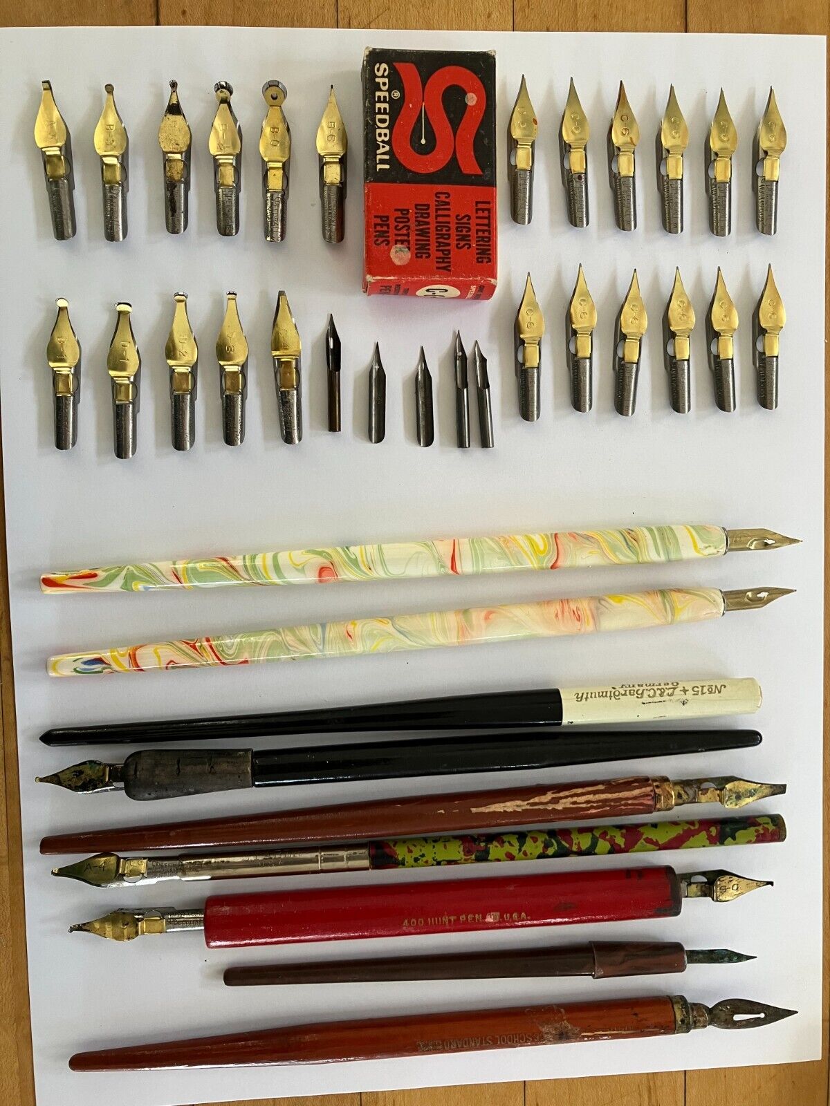 Vintage Calligraphy Lot with 28 Speedball and Hunt Nibs & 10 Pens, Used, As Is