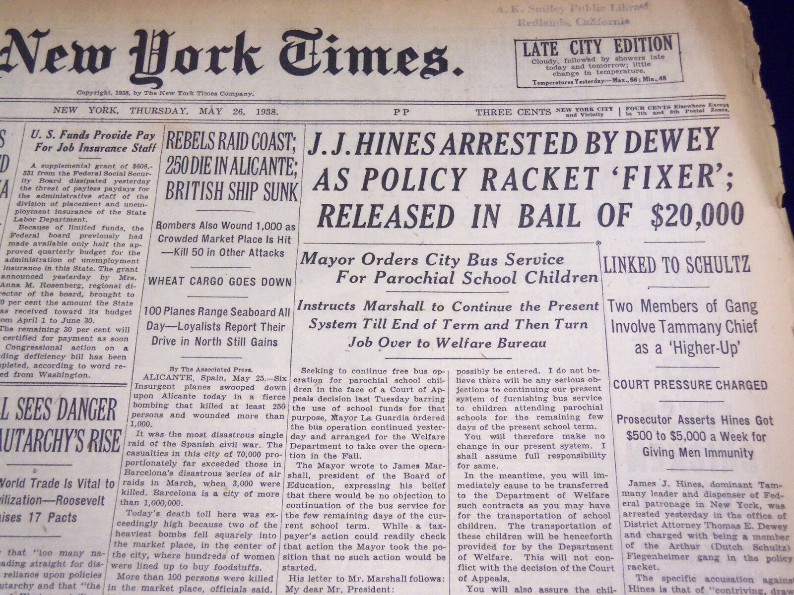 1938 MAY 26 NEW YORK TIMES - J. J. HINES ARRESTED BY DEWEY - POLICY - NT 683