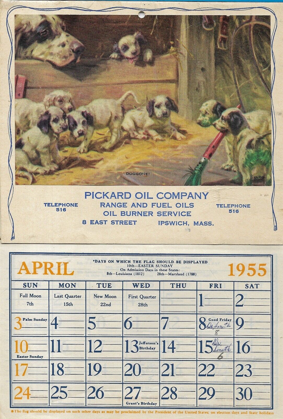 Ipswich Massachusetts Pickard Oil Company 8 East Street 1955 Calendar
