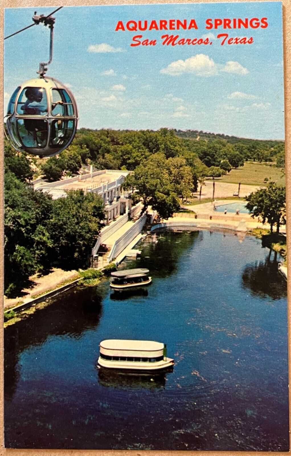 San Marcos Texas Aquarena Springs Swiss Sky Ride Boats Aerial Postcard c1960