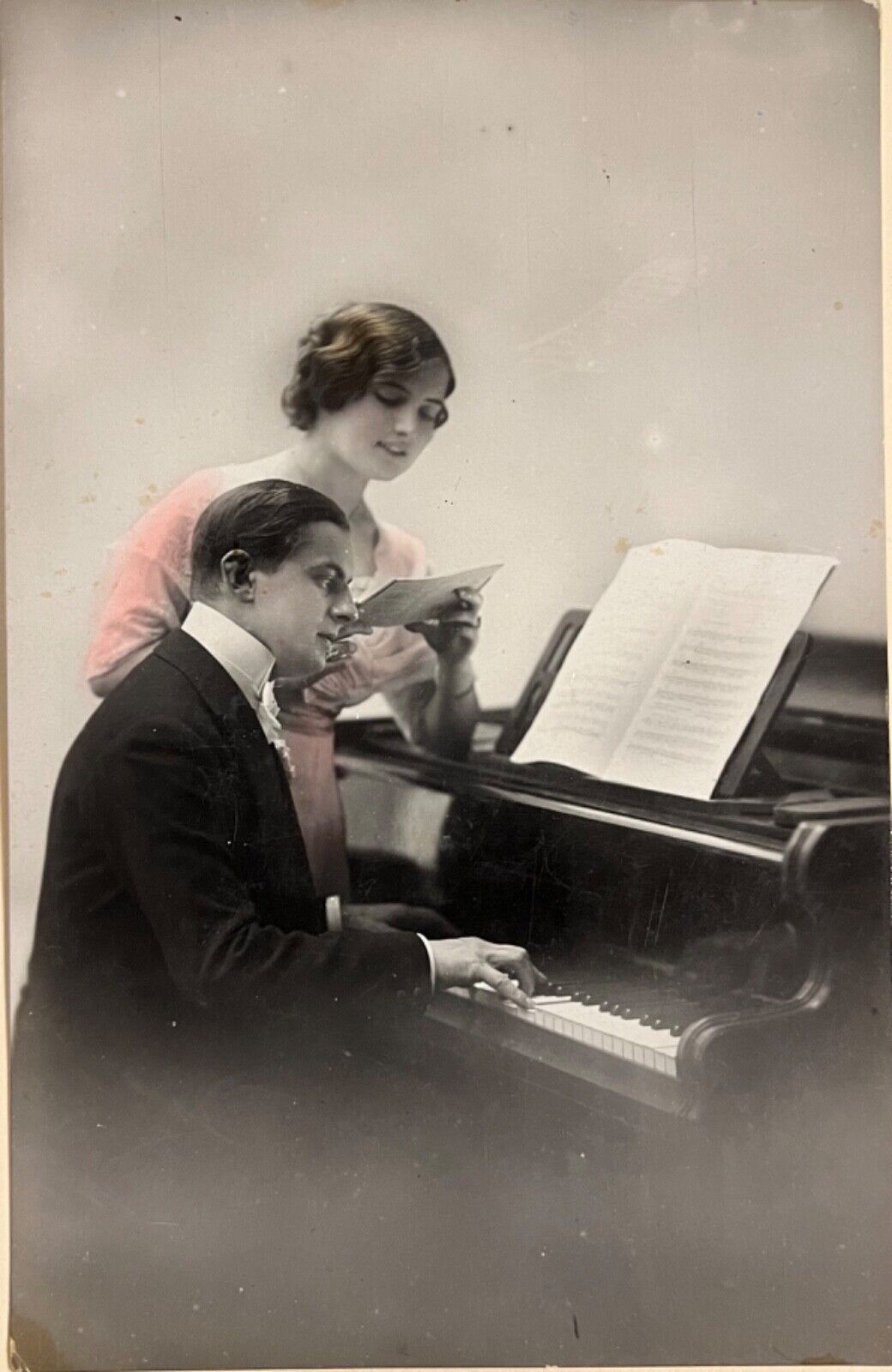 Romantic Couple at Piano Italian Antique Real Photo Postcard c1920