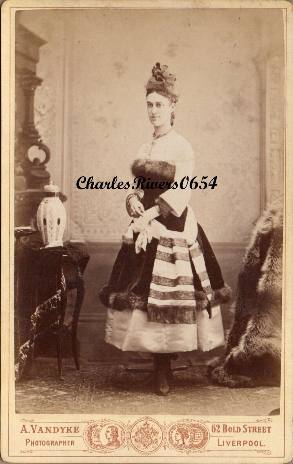LIVERPOOL CABINET CARD LADY ELABORATE DRESS & HAT VICTORIAN FASHION PHOTO #C699
