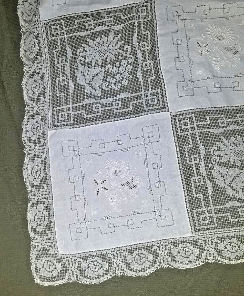Ca. 1910 White Cotton Linen Lace Embroidered Blocks Tablecloth HUGE - 93\