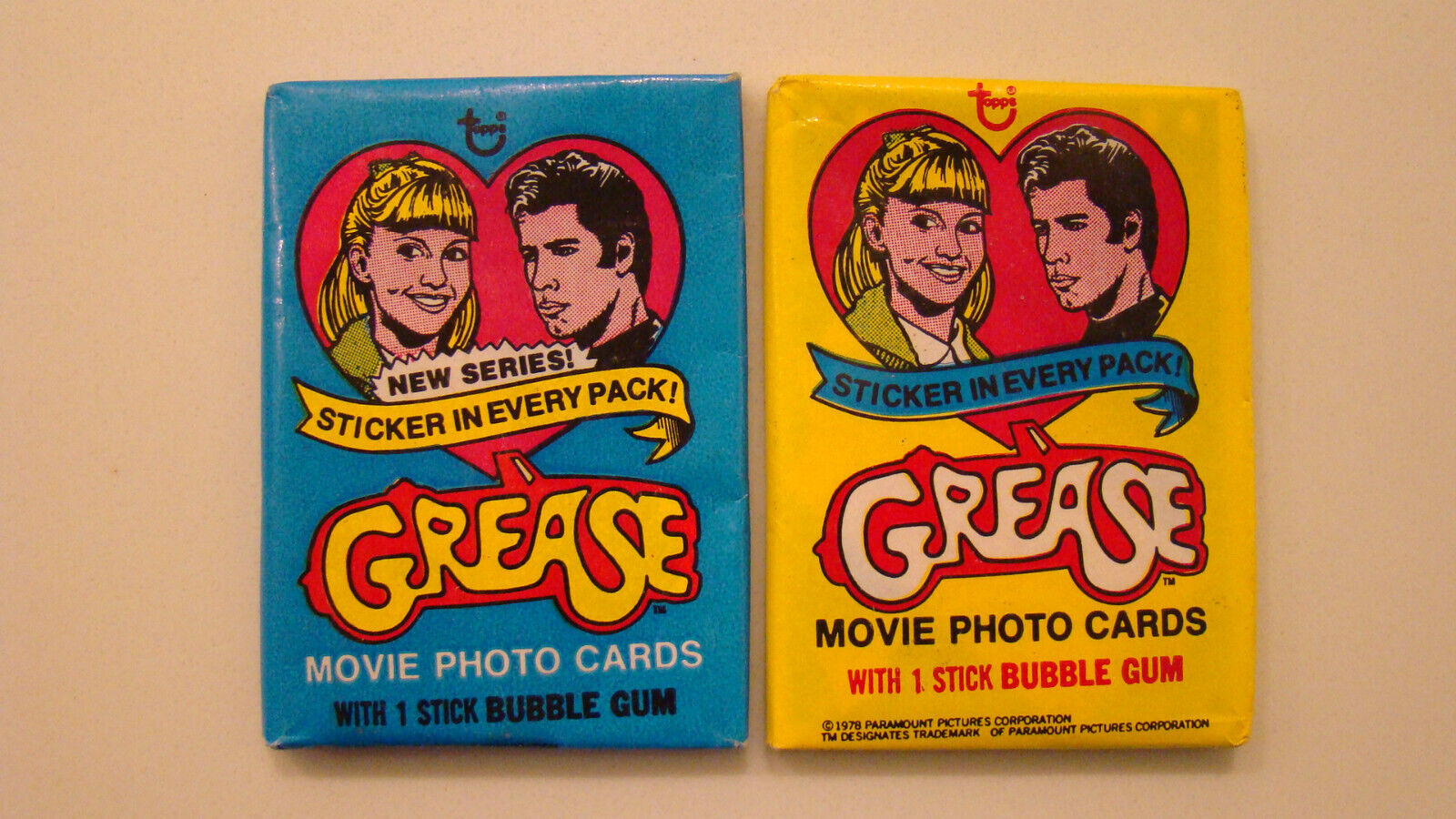 1978 TOPPS GREASE MOVIE TRADING CARDS SEALED WAX GUM PACK - ONE YELLOW, ONE BLUE