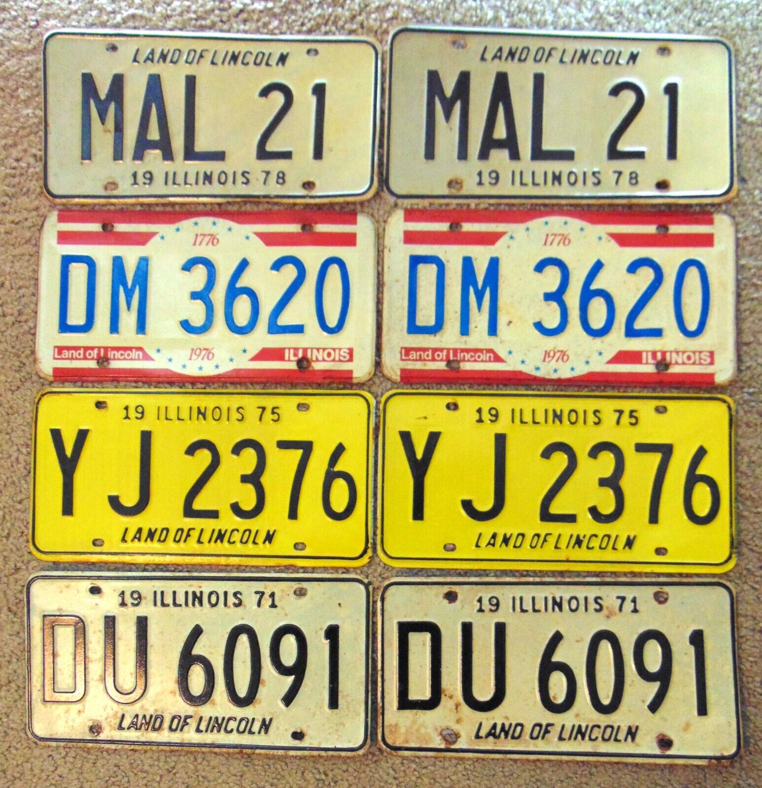 4 Pairs Illinois License Plates 1971  DU6091 1975 YJ2376 1976 DM3620 1978 MAL21