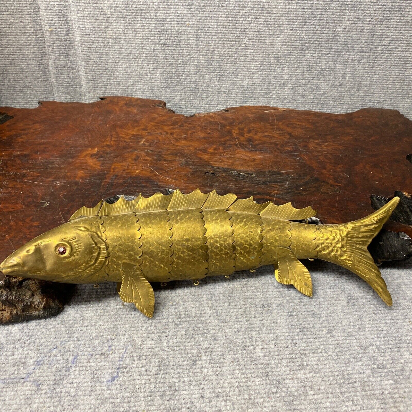 Brass Articulated Fish with Purple Eyes Rare Vintage 14\