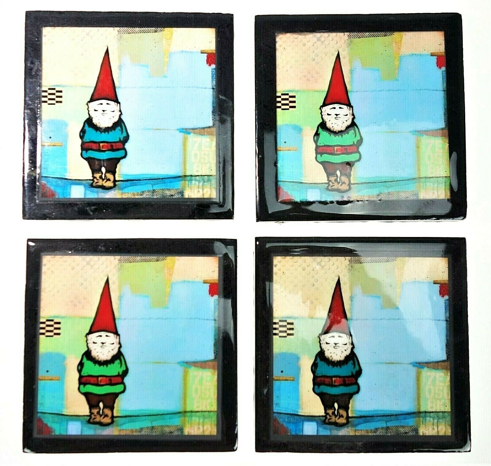 4 Ceramic Tile Gnome Coasters 4x4 Joel Ganucheau Art Garage Handmade Austin Tx