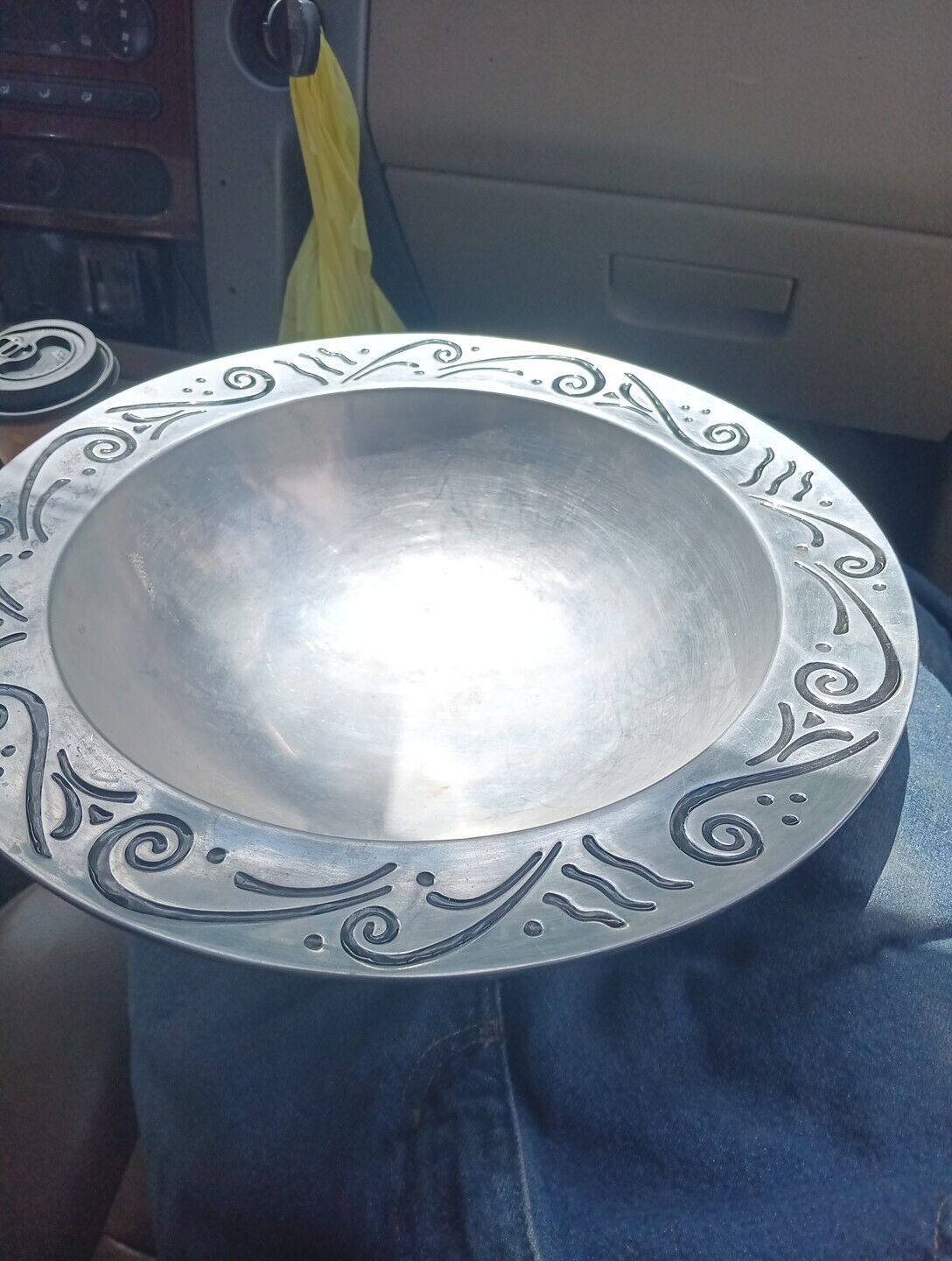 Lenox Large Pewter Bowl 14” Round etched scrolls on the rim exc