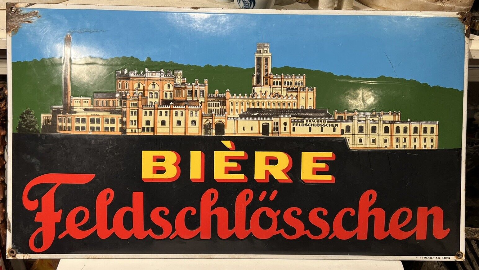 Rare Vintage Feldschlosschen Biere Swiss Beer Porcelain Enamel Advertising Sign