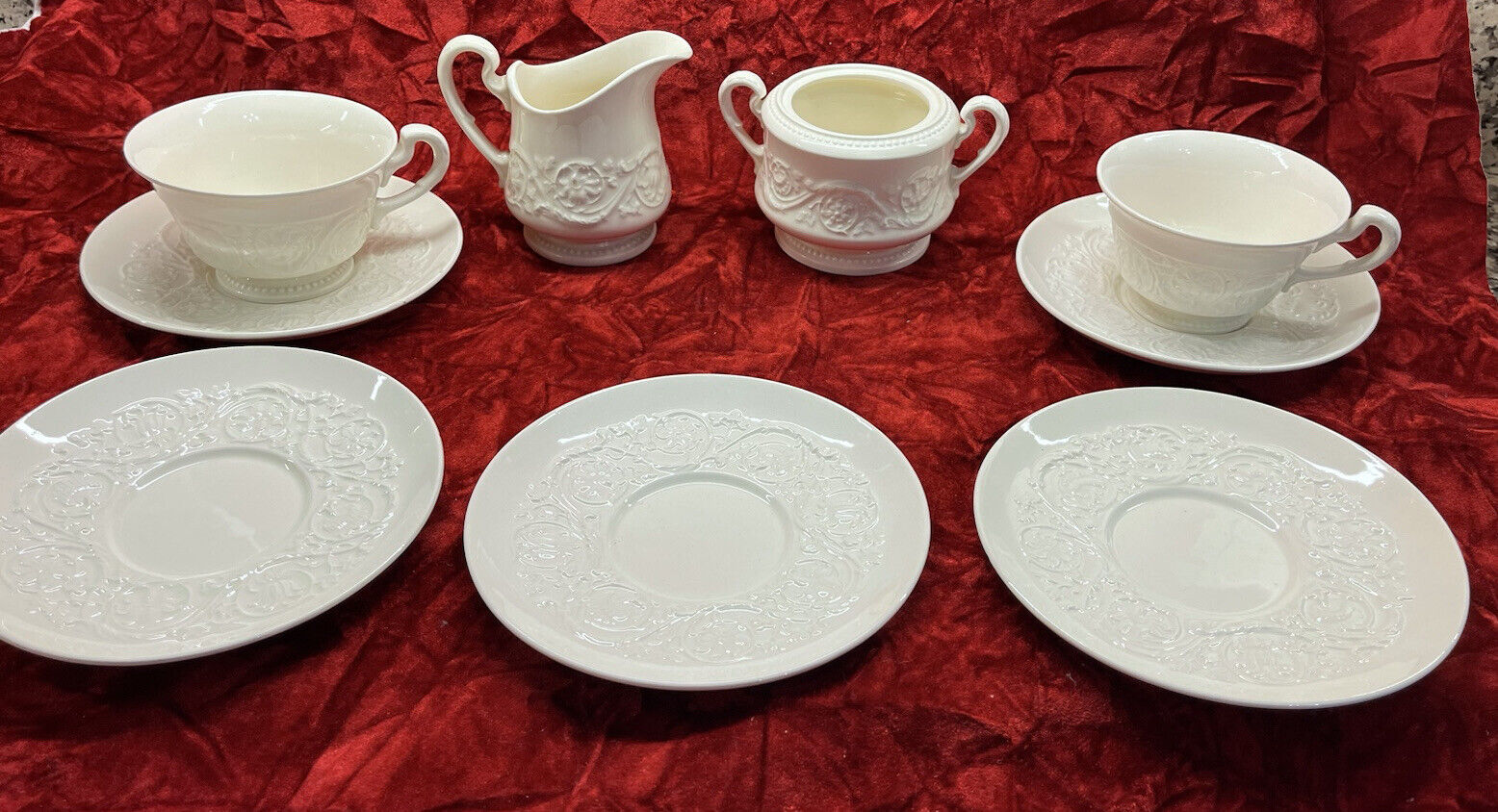 Wedgwood Patrician Ivory 9 Pc Lot Open Sugar, Creamer,  5 Saucers 2 Cups