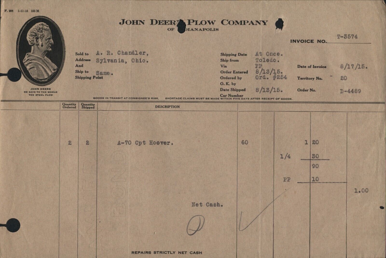 1915 John Deere Plow Co Indianapolis with John Deere Himself Logo Parts Invoice